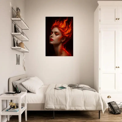 Gemütliches Schlafzimmer mit Bett, Nachttisch, Kleiderschrank und feurigen Frauenporträt