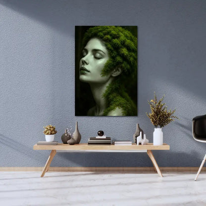 Gerahmtes Canvas mit Frauenporträt, grünem Blätterschmuck und Naturdesign