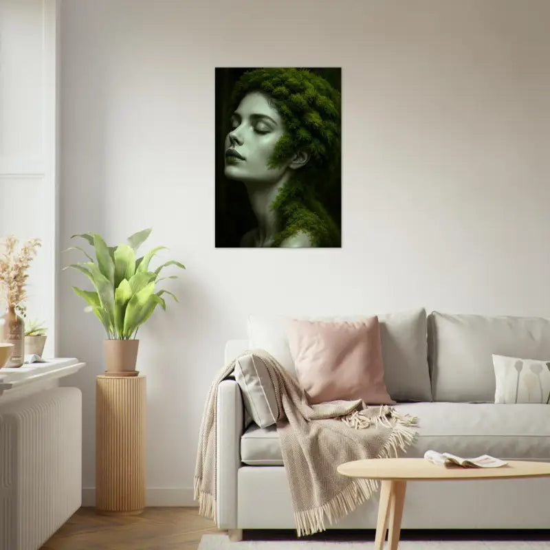 Vertikale Canvas-Poster mit Frau mit dunkler, moosartiger Textur auf Haut und Kopf