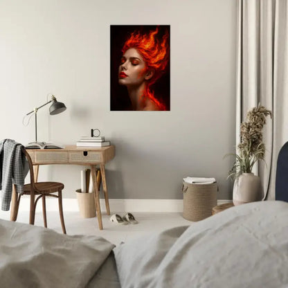 Gerahmtes vertikales Poster mit Frau mit feurigen roten Haaren und leuchtender Haut