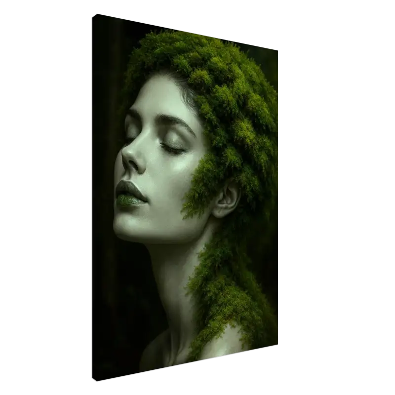 Künstliche weibliche Figur mit mossgrünem Haar und Blättern im Produkt Canvas