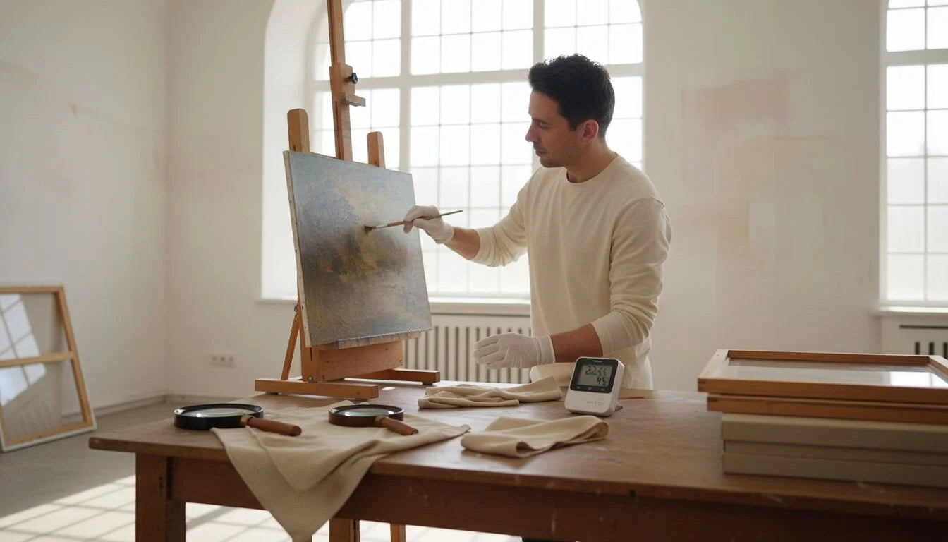 Mann malt Kunstwerk mit Pinsel, richtig pflegen lässt es erstrahlen