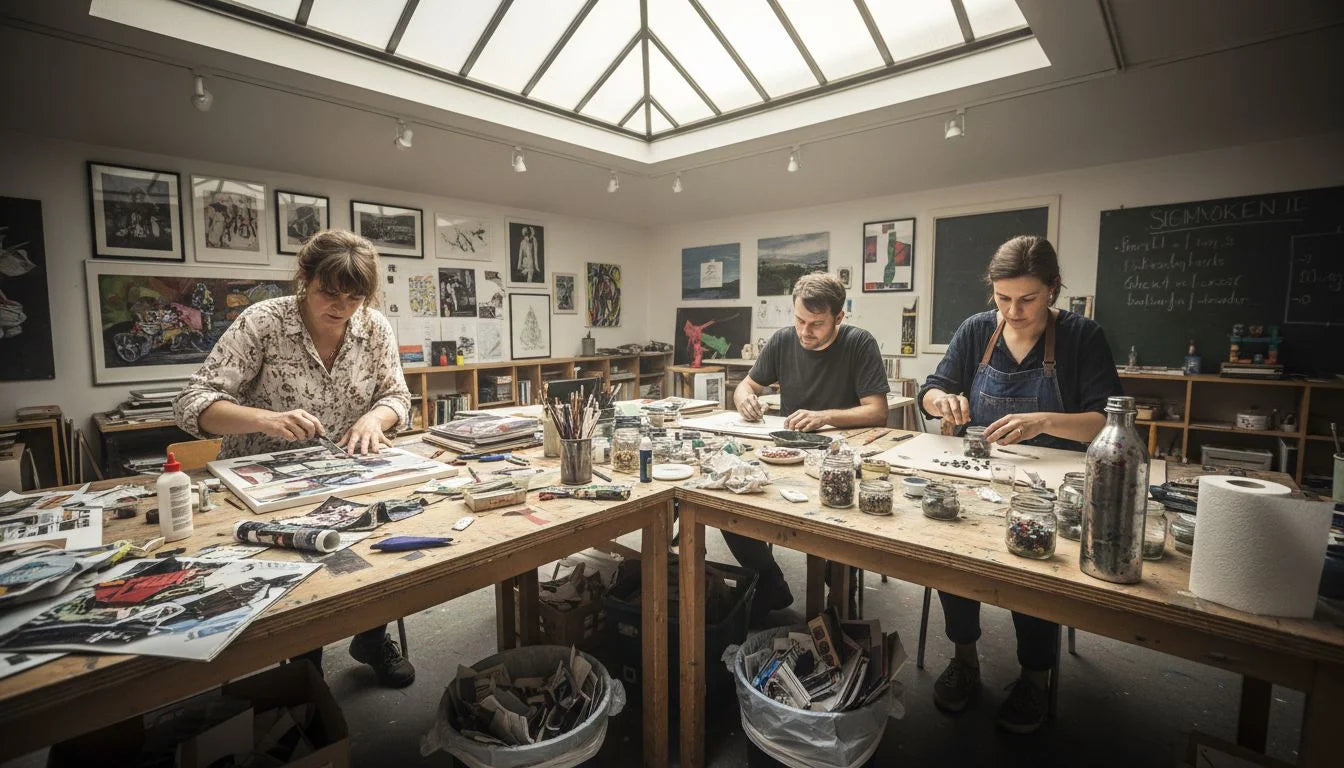 Drei Künstler bei kreativen Prozessen und künstlerischer Selbsterfahrung im Studio