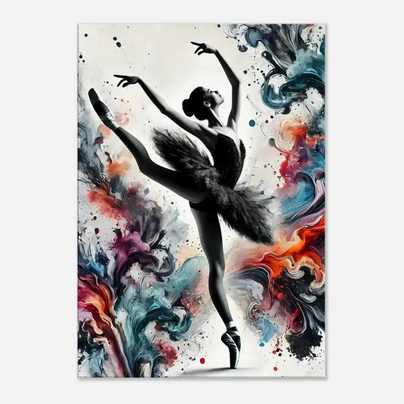 Ballerina im schwarzen Tutu vor dem Produkt Farbtanz – Wenn Bewegung zur Kunst wird