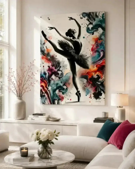 Farbtanz curoicanvas mit schwarzer ballerina silhouette und farbigen bewegung akzenten in türkis magenta orange und weiß