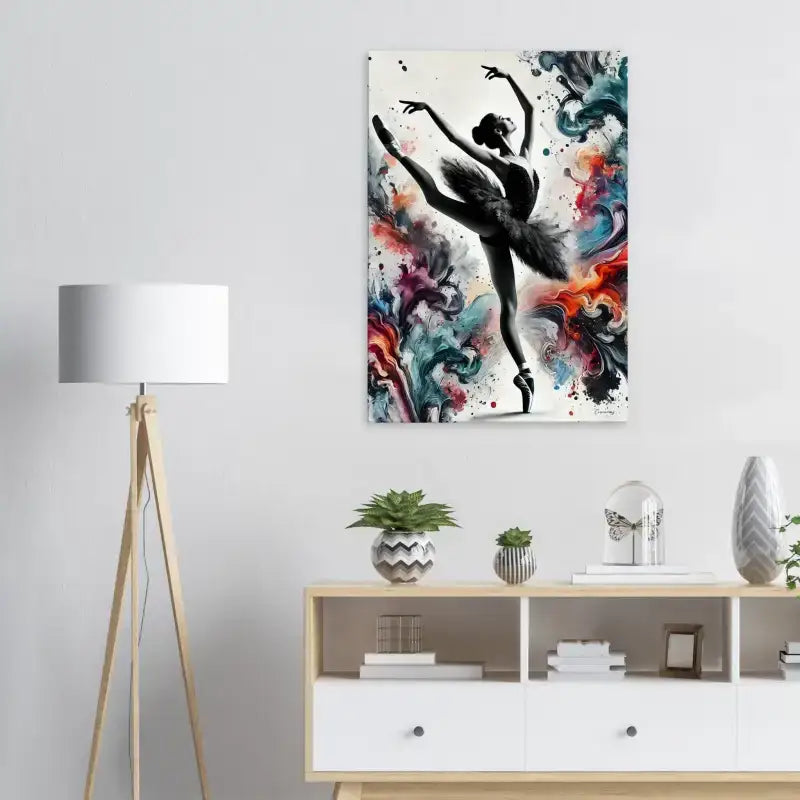 Farbtanz Leinwand: Ballerina-Silhouette mit abstraktem Farb-Bewegungshintergrund