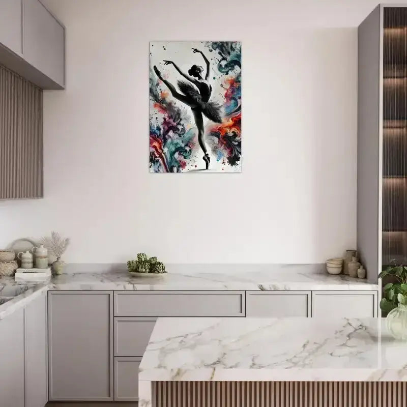 Schwarze Ballerina Farbtanz Leinwand mit abstraktem Farbhintergrund