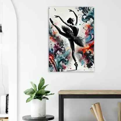 Schwarze Ballerina Wandkunst mit farbigem abstraktem Hintergrund Farbtanz Leinwand