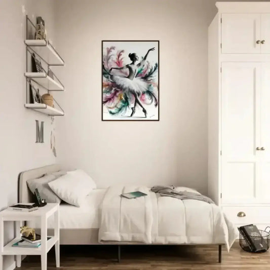 Federleicht gerahmtes poster mit ballerina in bewegung in pink, grün und lila aquarell auf weißem hintergrund