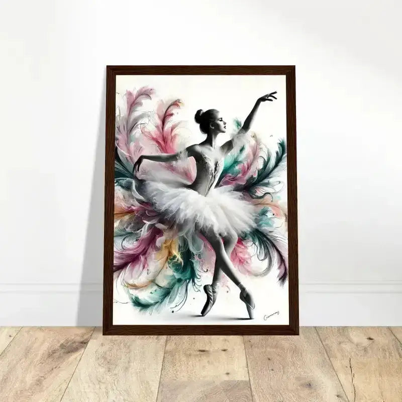 Federleicht gerahmtes Poster: Aquarell-Ballerina in weißem Tutu mit bunten Federn