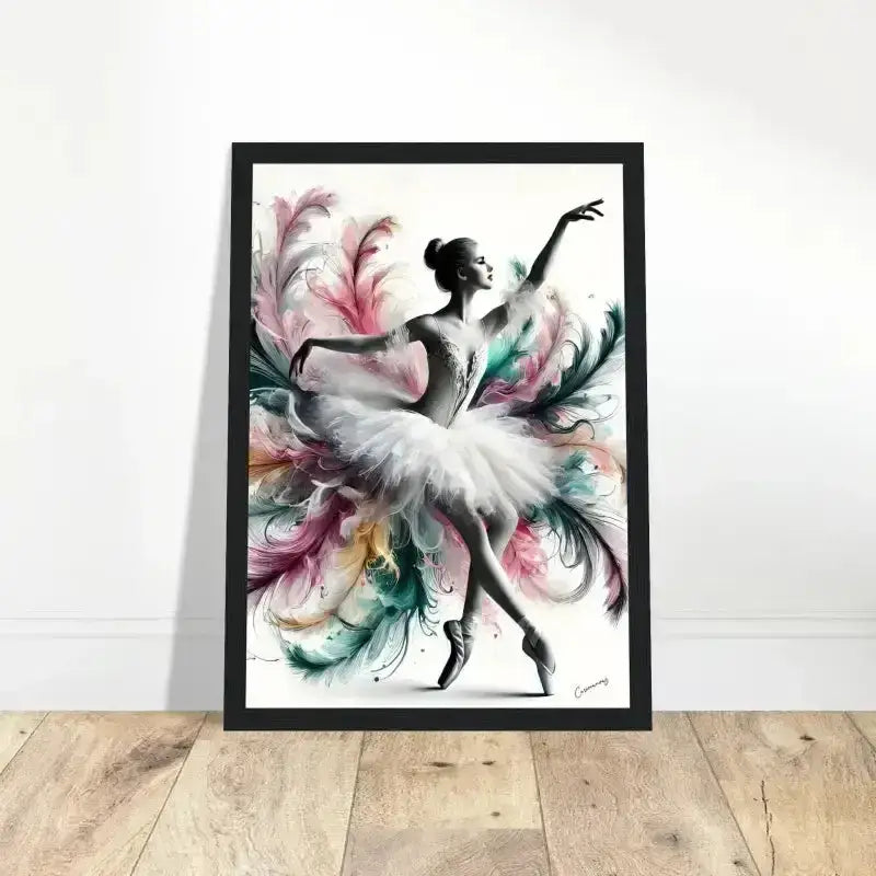 Federleicht gerahmtes Poster: Weiße Ballerina mit bunten Federn