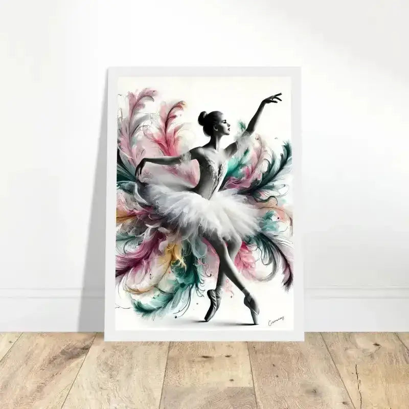 Federleicht gerahmtes Poster: Weiß gerahmtes Ballerina-Motiv mit bunten Federn