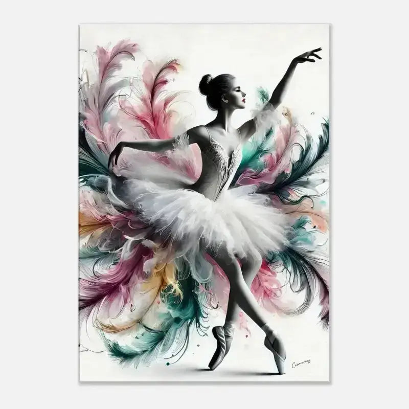 Weiße Tutu-Balletttänzerin Leinwand mit bunten Feder-Details