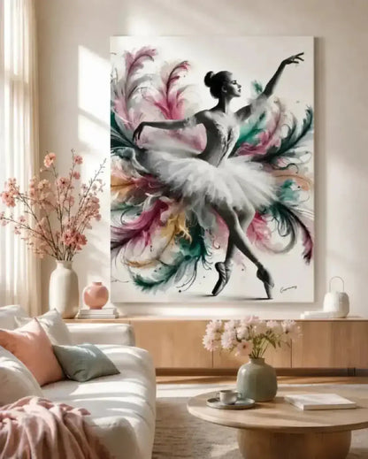 Vibrantes federleicht leinwand visual artwork eines ballerinas mit pink-grün-weißen federn als poster und print