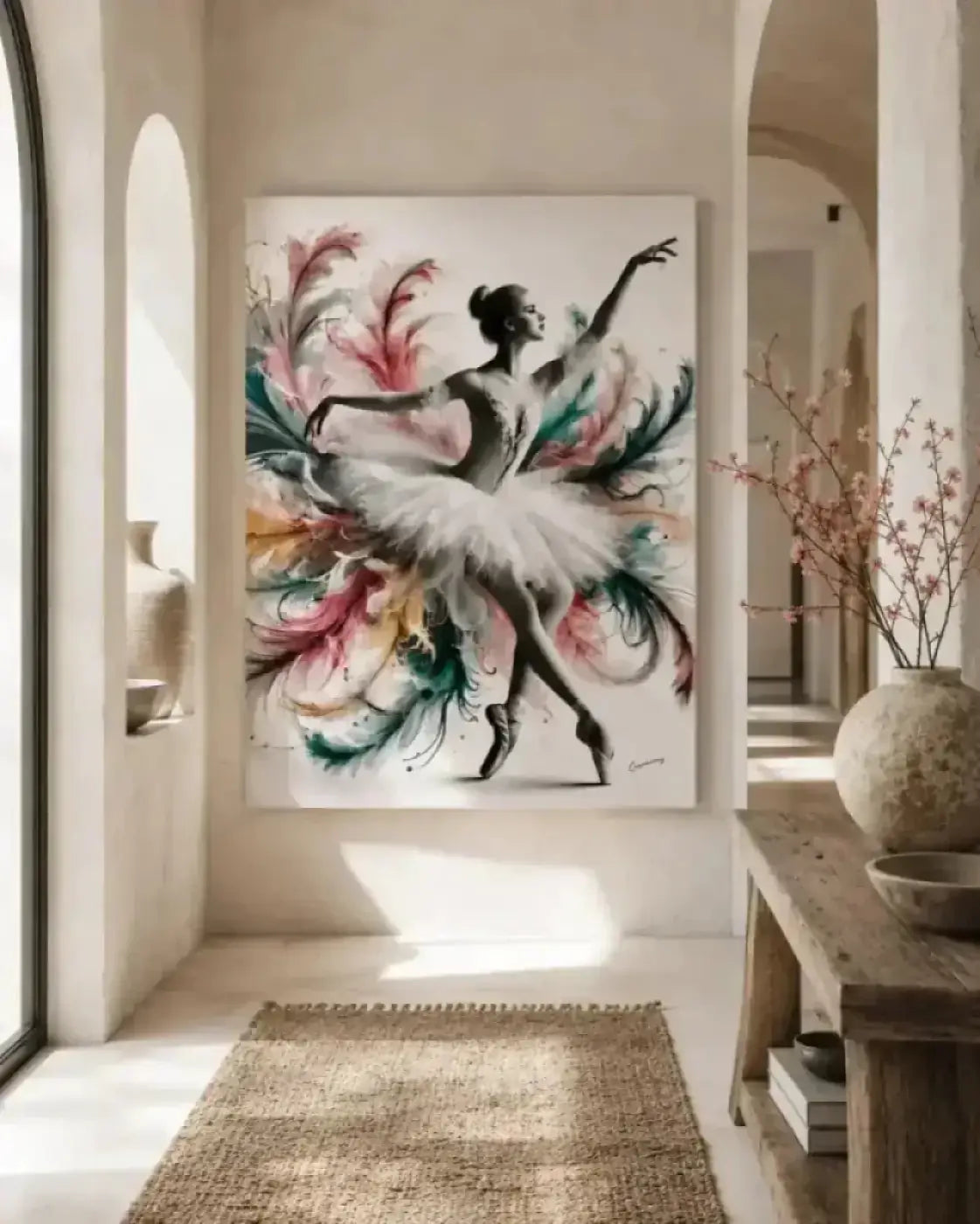 Vibranter federleicht leinwand druck mit ballerina in pink grünen und weißen floralen mustern von curiocanvas