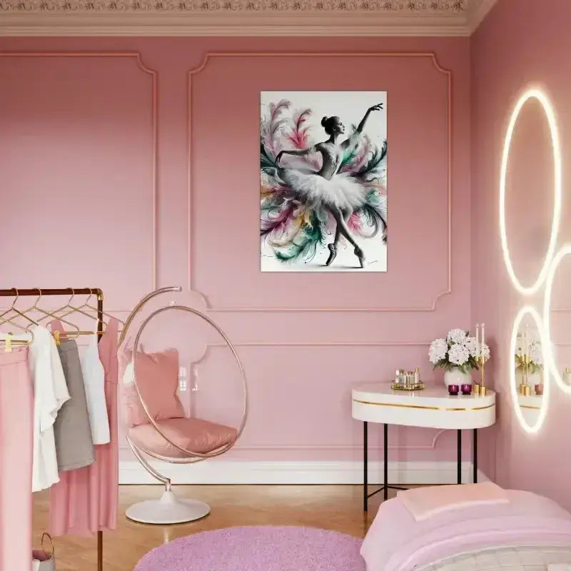 Federleicht Leinwand: Ballett-Kunst mit bunten Federn auf rosa Wand