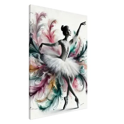 Weiße Ballerina Leinwand mit bunten Federn, Federleicht Curiocanvas