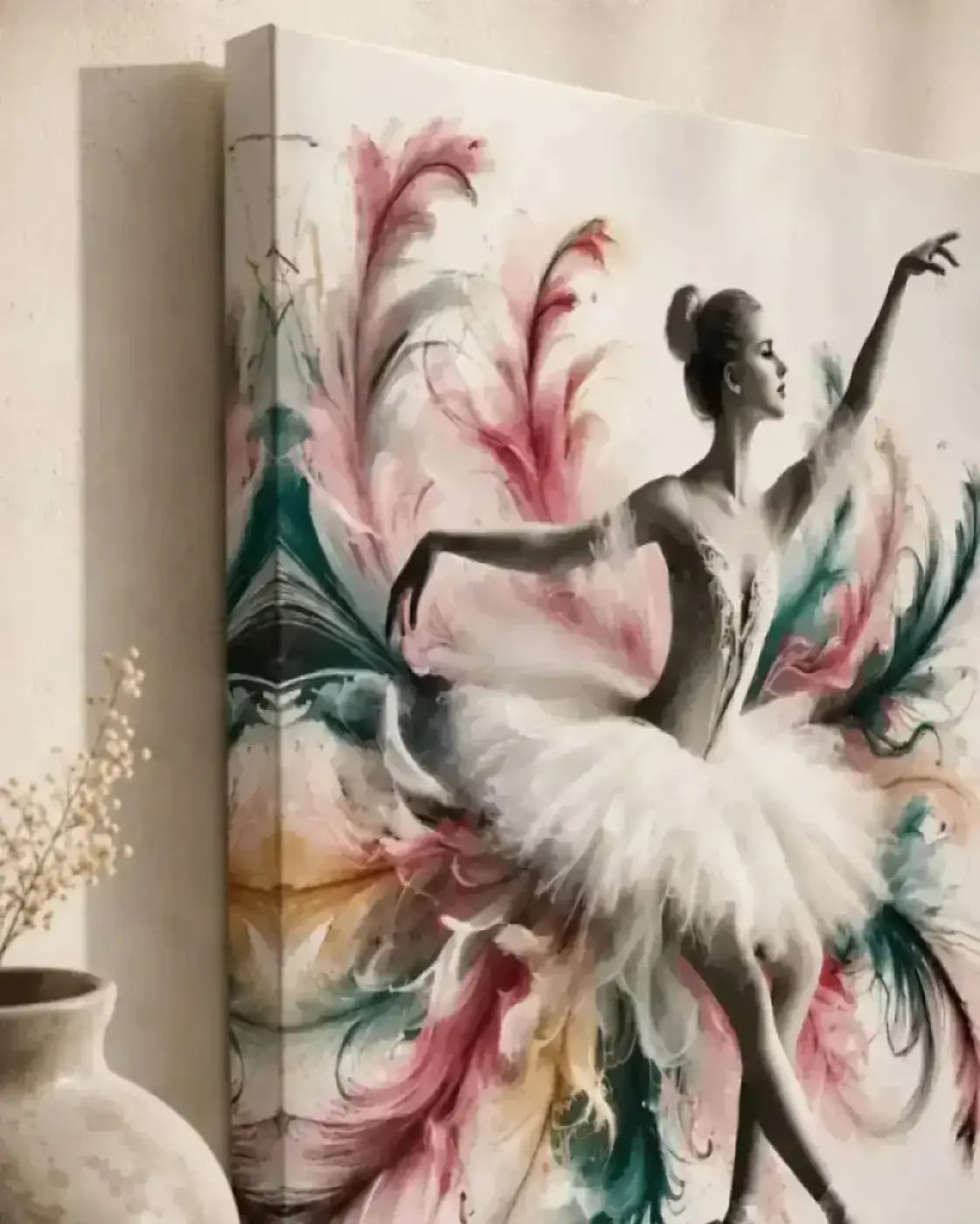 Leinwand federleicht mit ballerina in weißem tutu und floralen mustern in rosa, türkis und grau, ideal als curiocanvas print oder poster