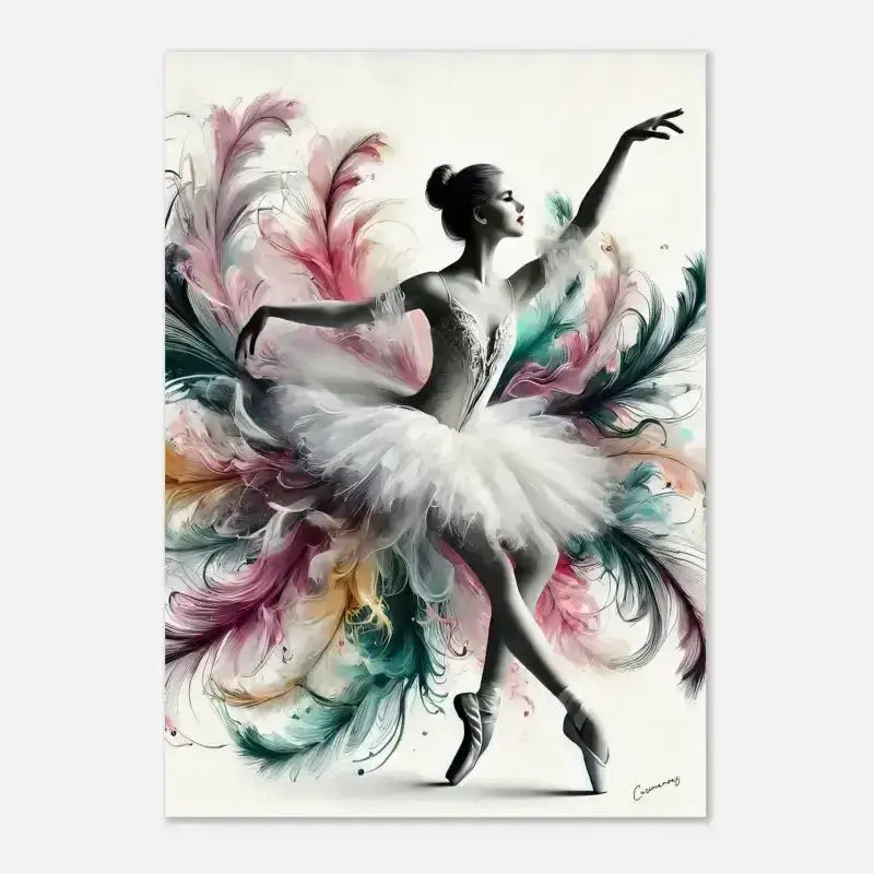Federleicht Poster: Weiße Ballerina mit buntem Feder-Detail