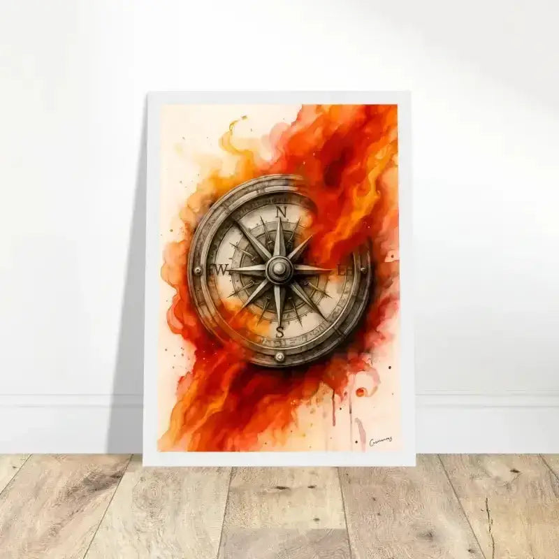 Feuriges Kompass-Poster gerahmt in Orange-Rot auf Weiß