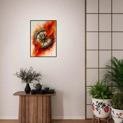 Gerahmtes Poster: Goldener Kompass-Wandkunst mit rot-orange Splatter-Design in Schwarzrahmen