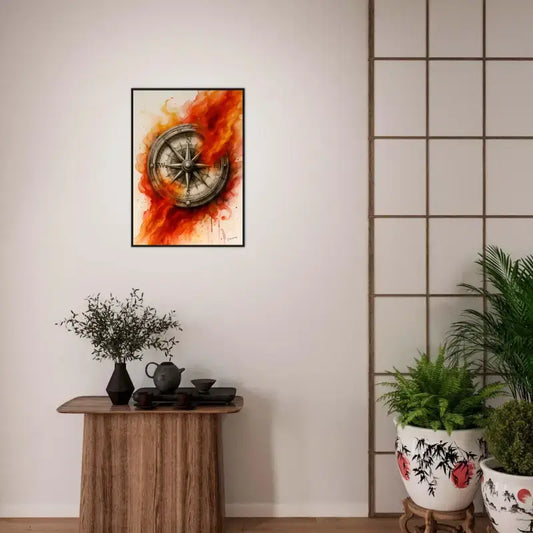 Gerahmtes Poster: Goldener Kompass-Wandkunst mit rot-orange Splatter-Design in Schwarzrahmen