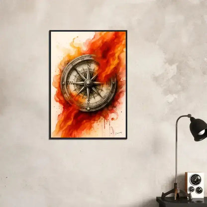 Gerahmtes Poster Feuer der Richtung mit Kompass-Print und feurigem Hintergrund