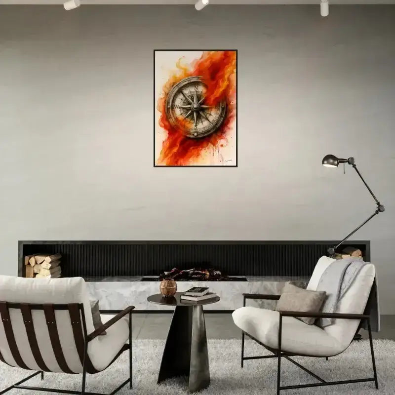 Gerahmtes Poster Feuer der Richtung mit Kompass in Rot-Orange