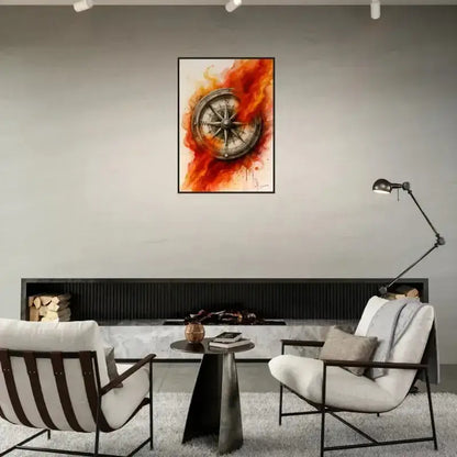 Gerahmtes Poster Feuer der Richtung mit Kompass in Rot-Orange