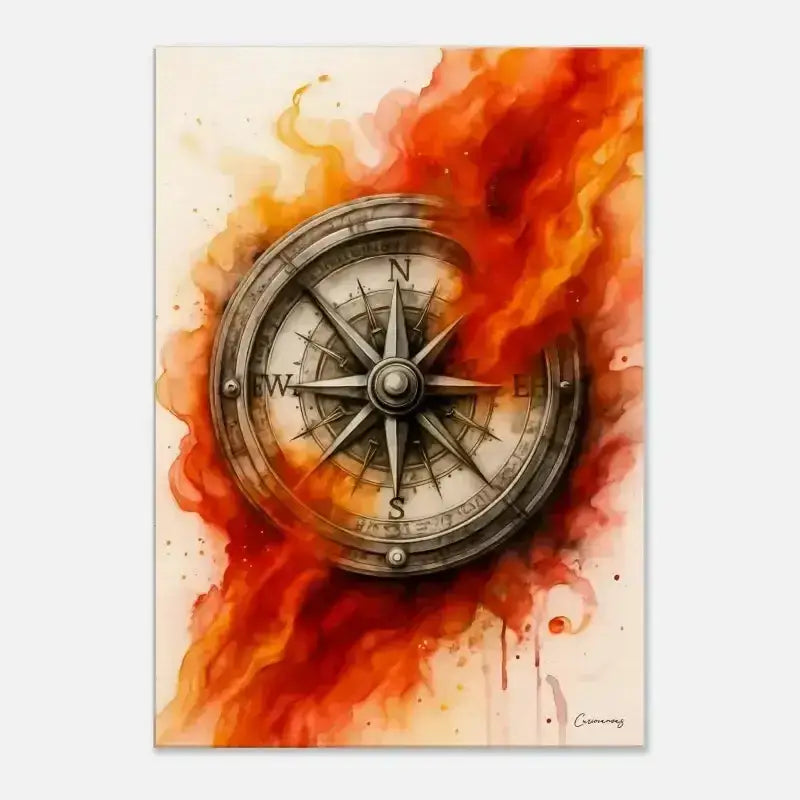 Vintage Kompass mit flammendem orange Hintergrund auf Leinwand Feuer der Richtung