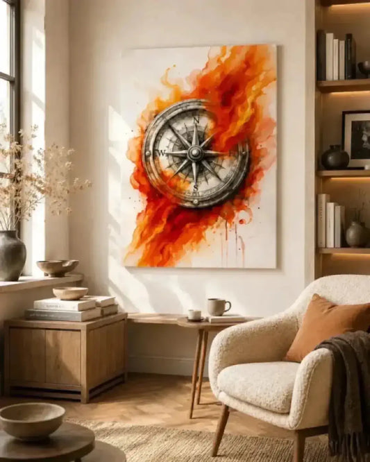 Flammendem orange kompass poster kunst in leuchtender aquarellmalerei mit feurigen akzenten fürs wandbild