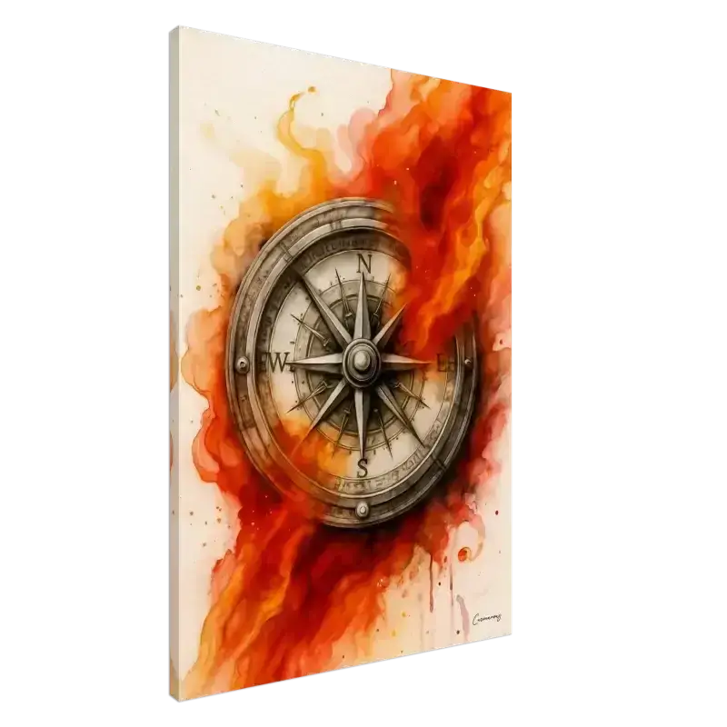 Feuriger Kompass mit metallischem Finish und Holzakzenten auf Leinwand