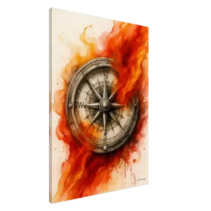 Feuriger Kompass mit metallischem Finish und Holzakzenten auf Leinwand