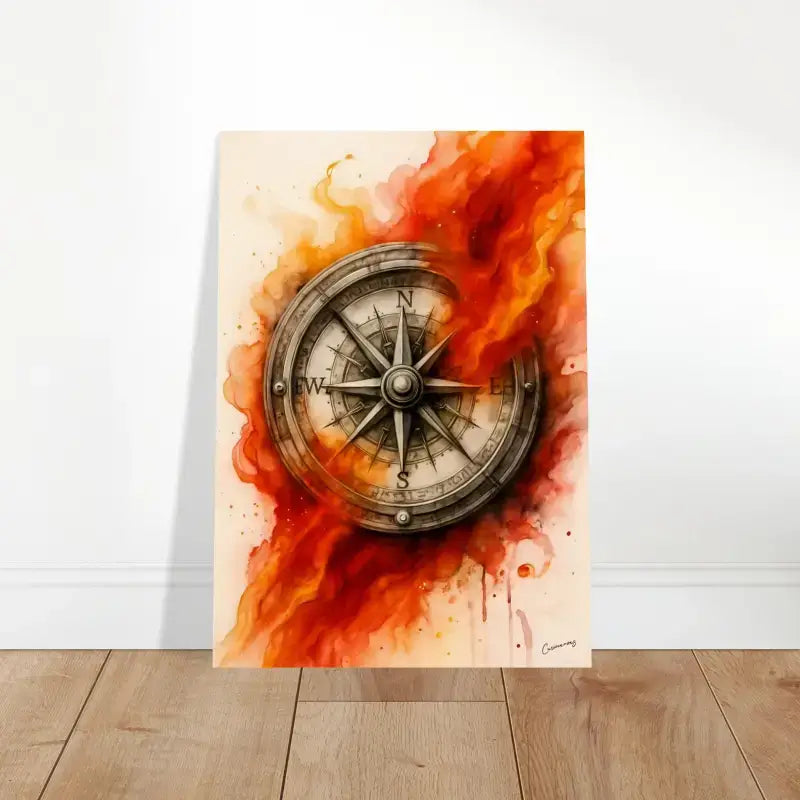 Feuriges Kompass-Poster mit metallischem Finish und orangenen Flammen