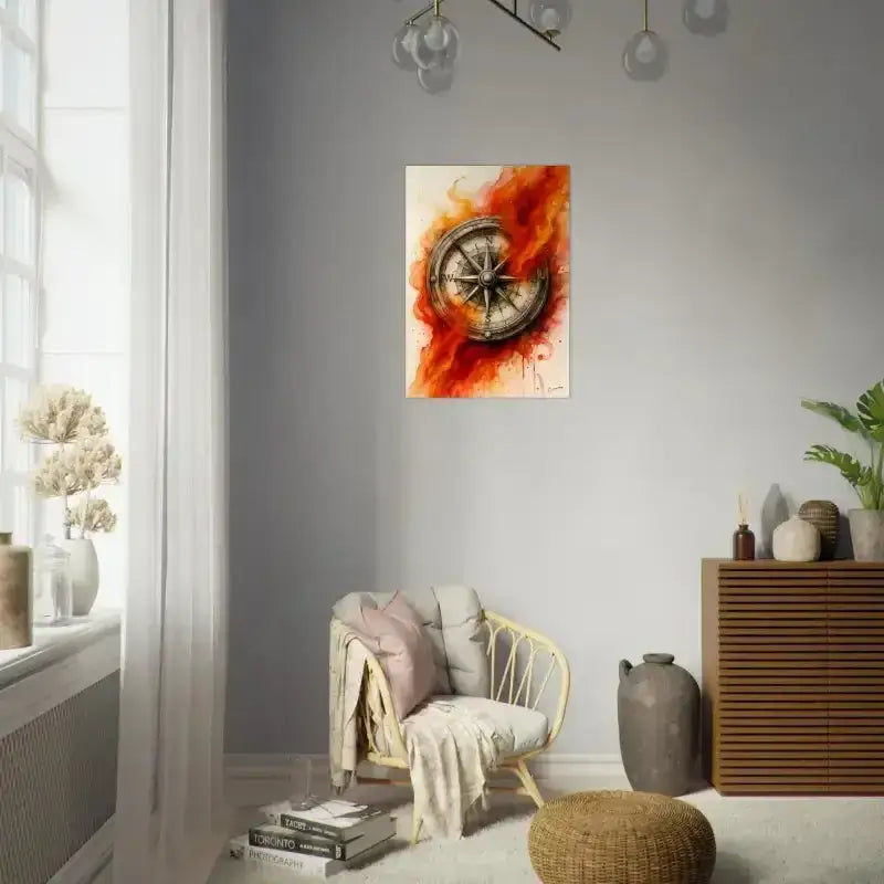 Moderne abstrakte Rad-Poster-Kunst in Rot-Orange mit Metallakzenten