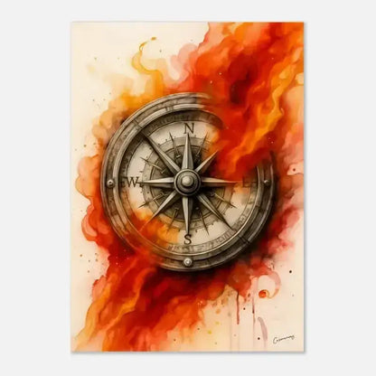 Vintage Kompass mit Flammen-Hintergrund - Feuer der Richtung Poster
