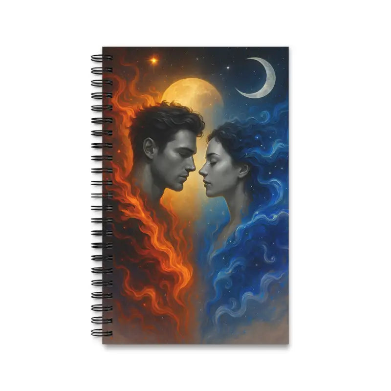 Wiregebundenes Notizbuch mit Sonnen- und Mond-Illustration auf Cover für Feuer & Wasser