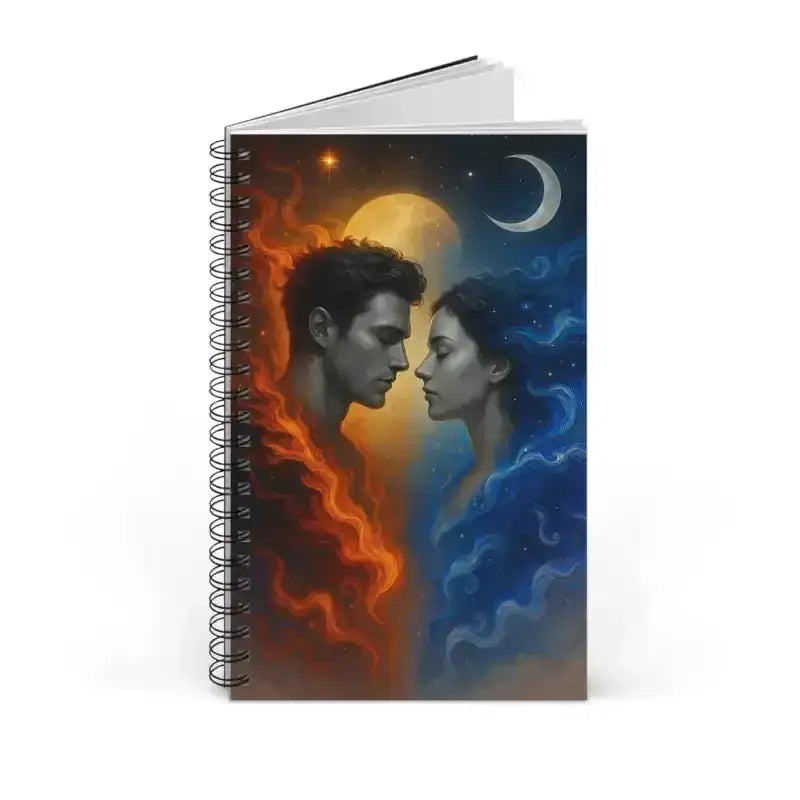Feuer & Wasser Notizbuch mit Feuer-Eis-Design und Paar vor Sternenhintergrund