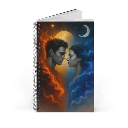 Feuer & Wasser Notizbuch mit Feuer-Eis-Design und Paar vor Sternenhintergrund