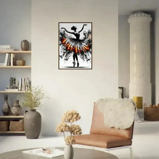 Feuertanz gerahmtes poster zeigt ballerina-silhouette mit orange-weißem abstract-rock an wand