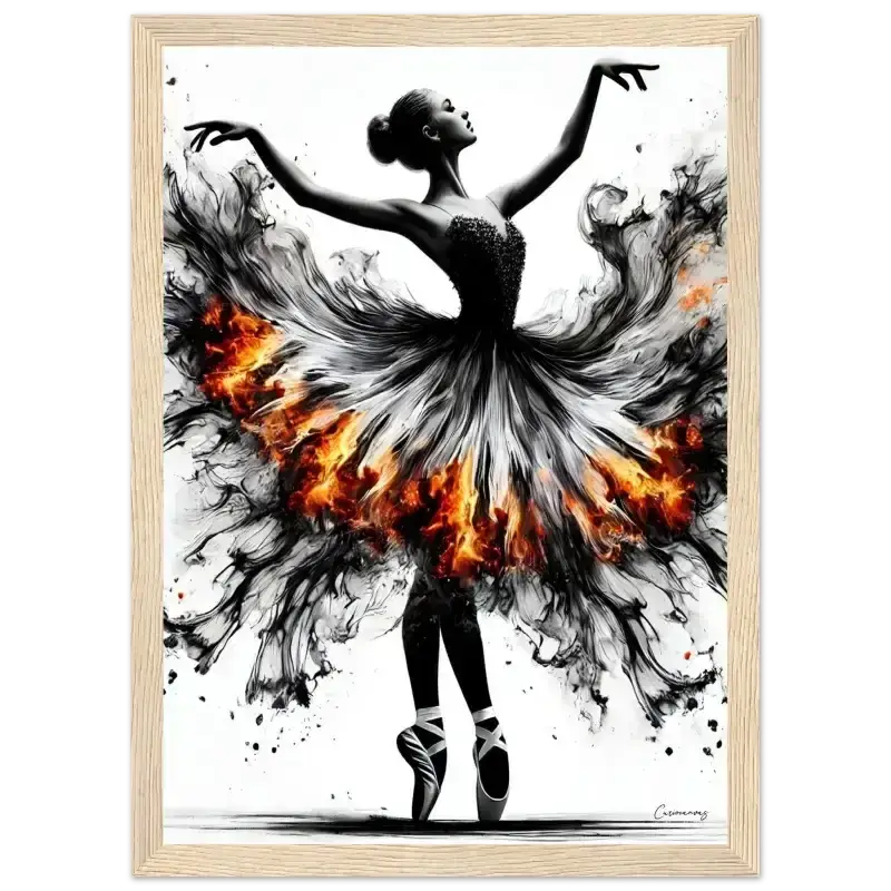 Gerahmtes Poster Feuertanz: Schwarz-weiße Ballerina mit Feuerskirt