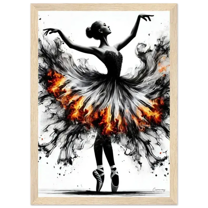 Gerahmtes Poster Feuertanz: Schwarz-weiße Ballerina mit Feuerskirt