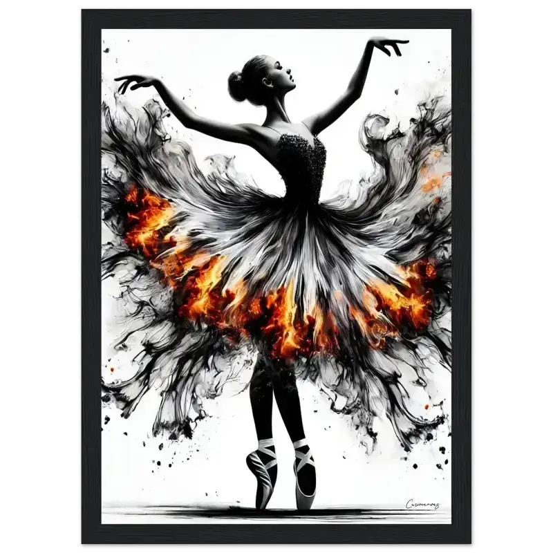 Schwarzes Ballerina-Tutu-Kleid mit Feuerdesign: Feuertanz Gerahmtes Poster