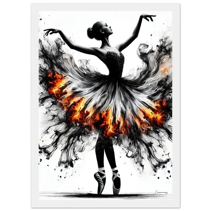 Schwarzes Weißes Ballerina Tutu-Kleid in Feuertanz Gerahmtes Poster