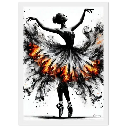 Schwarzes Weißes Ballerina Tutu-Kleid in Feuertanz Gerahmtes Poster