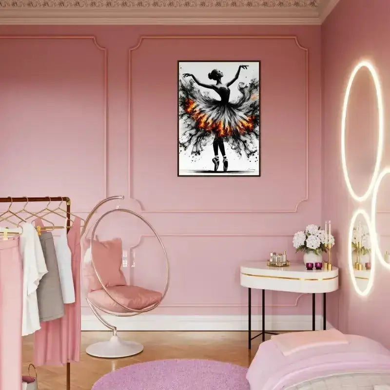 Gerahmtes Feuertanz Poster mit pink-weißem Blumenkleid und Spitze