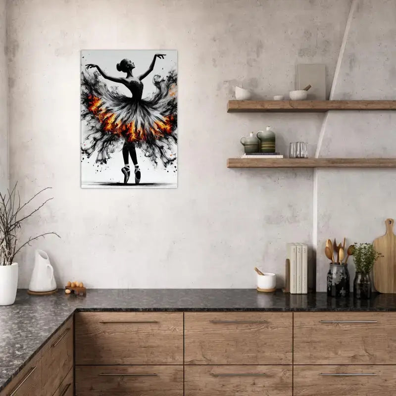 Schwarze Ballerina in Feuerkleid, Feuertanz Leinwand von Curiocanvas