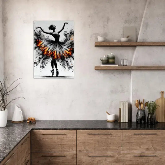 Schwarze Ballerina in Feuerkleid, Feuertanz Leinwand von Curiocanvas
