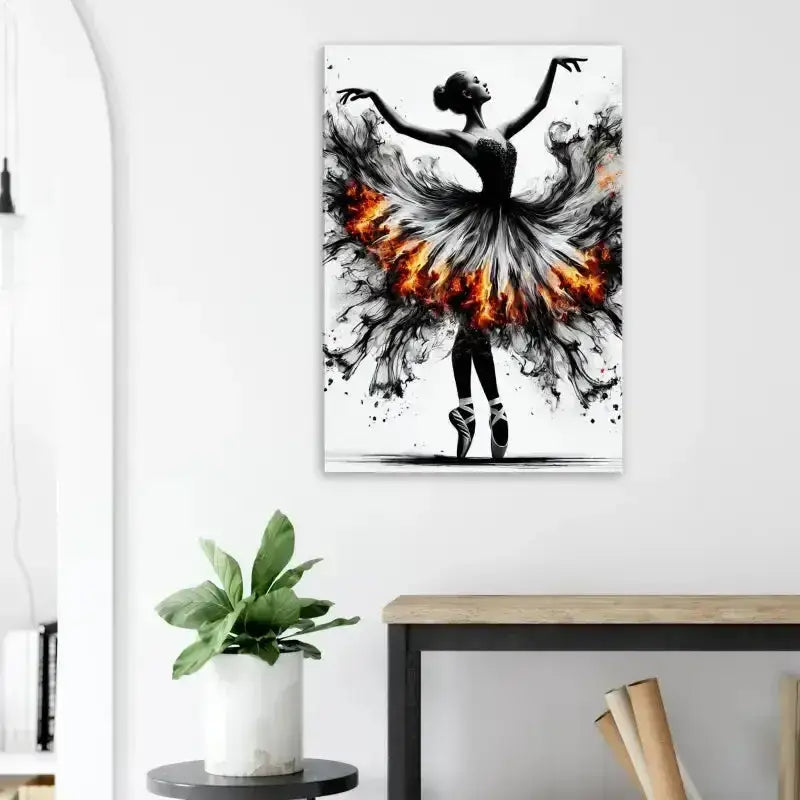 Schwarze und weiße Ballerina-Leinwandkunst Feuertanz von curiocanvas