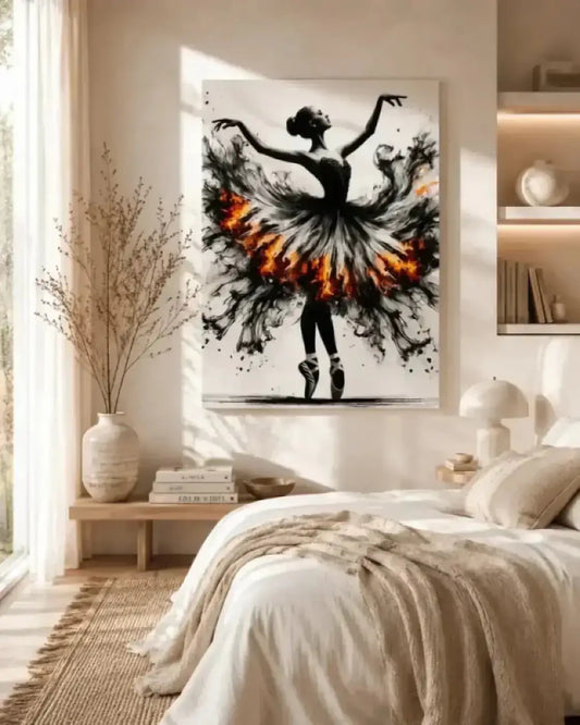 Schwarz-orange abstrakte ballerina leinwandkunst feuertanz von curiocanvas